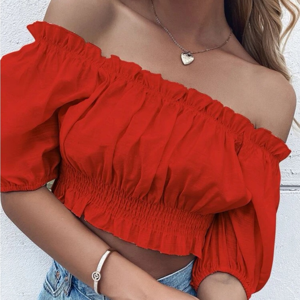 2 Shein shirred waist bardot cropped top. Tops are red and apricot colored